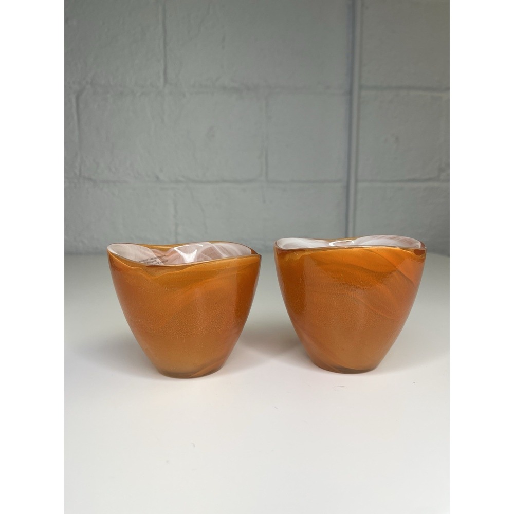 Anthropologie Art Glass Orange Swirl Votive Tea Light Candle Holder SET‎ OF 2 - Picture 2 of 13